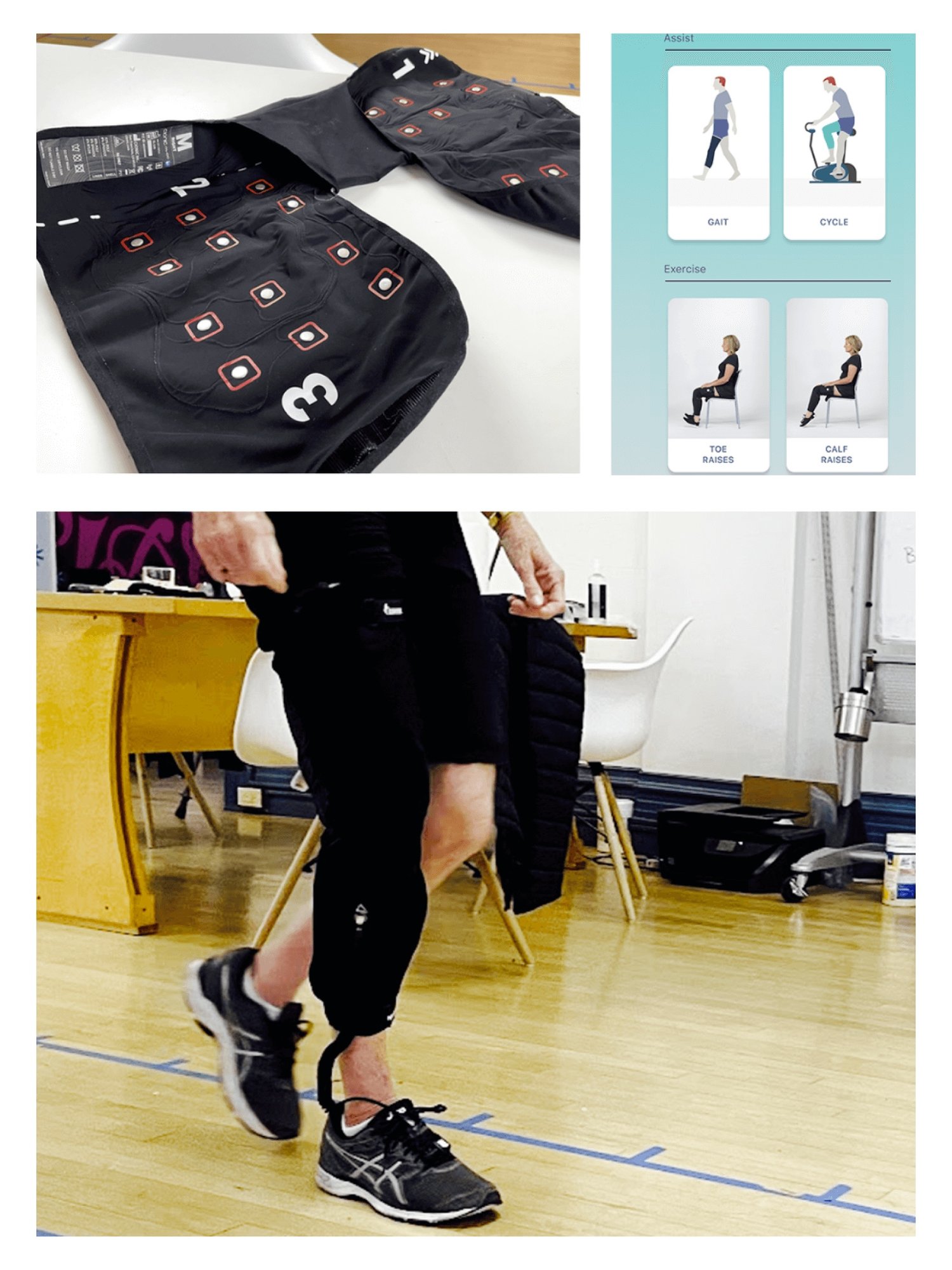 Figure 1. Top left: Cionic Neural Sleeve showing FES and EMG electrodes. Top right: CIONIC application interface for setting FES parameters (frequency, pulse width, intensity) and current field steering. Bottom: Participant with sleeve on affected limb on marked walkway.